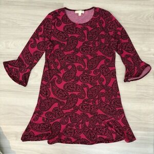 Michael Kors Dress Women Pink Black Paisley Bell Sleeve Flounce Hem Shift XL